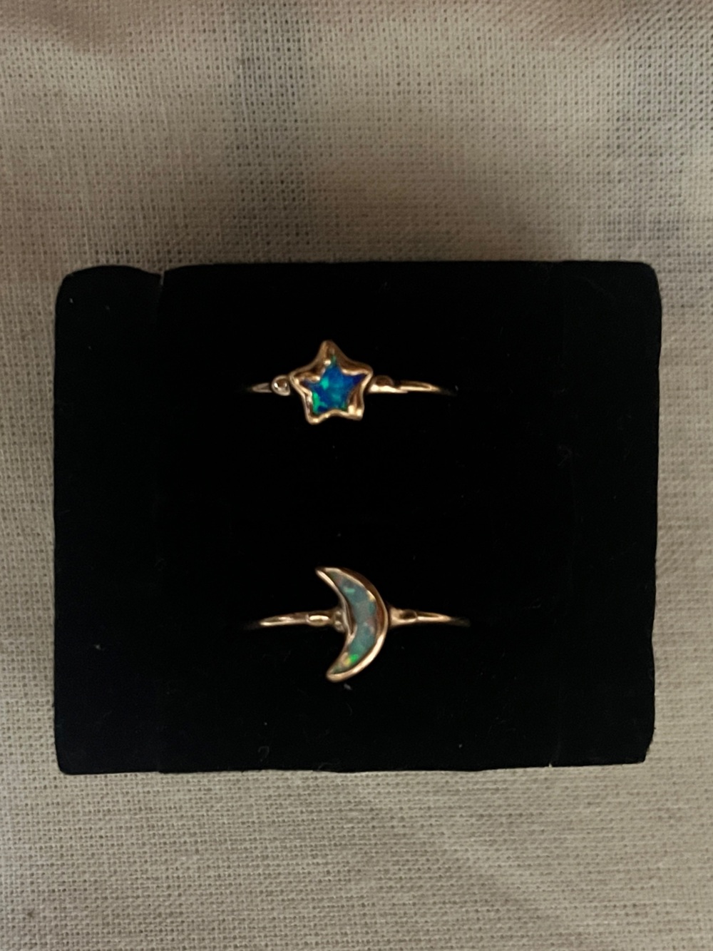 24K Rose Gold Filled Kyocera Opal Star and Crescent Moon Ring Set